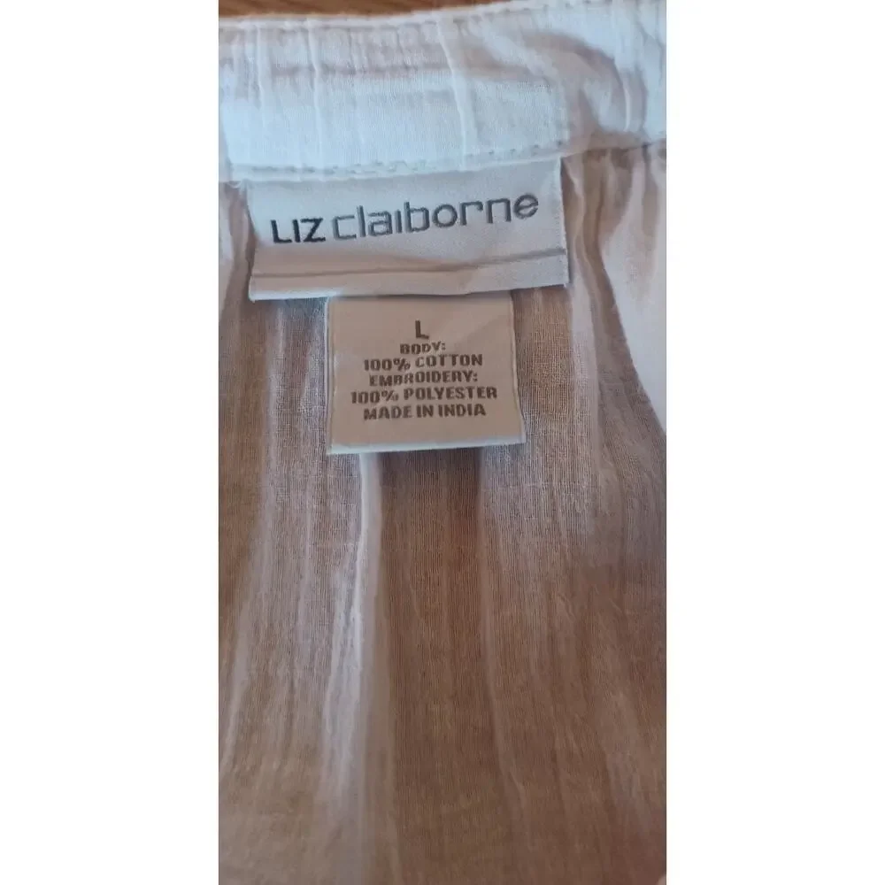 Liz Claiborne 100% White Cotton Tunic Red Embroidery Tiered Sleeves Boho Fairy - Picture 6 of 7